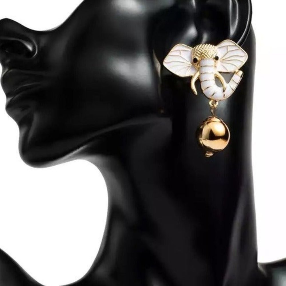 Golden Elephant earrings white dangle drop animal boho bohemian - Picture 2 of 6